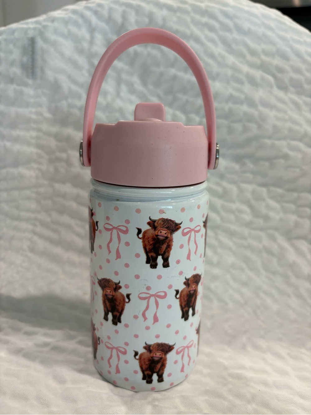 Pink Handle Kids Water Bottle with Highland Cow Print